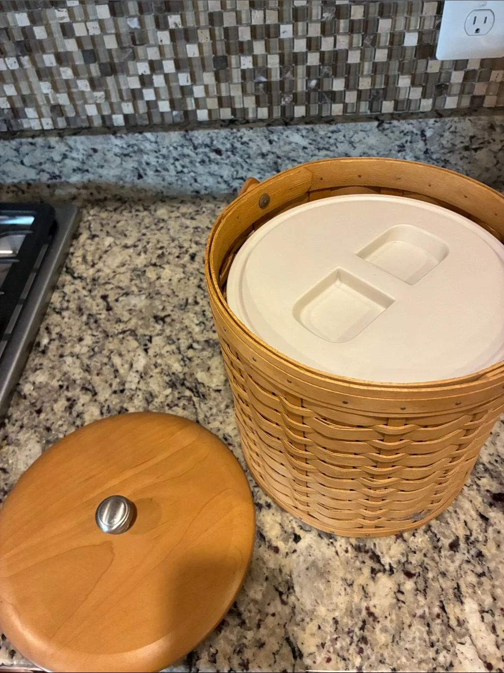 Longaberger Tan Woven Ice Bucket with Wooden Lid